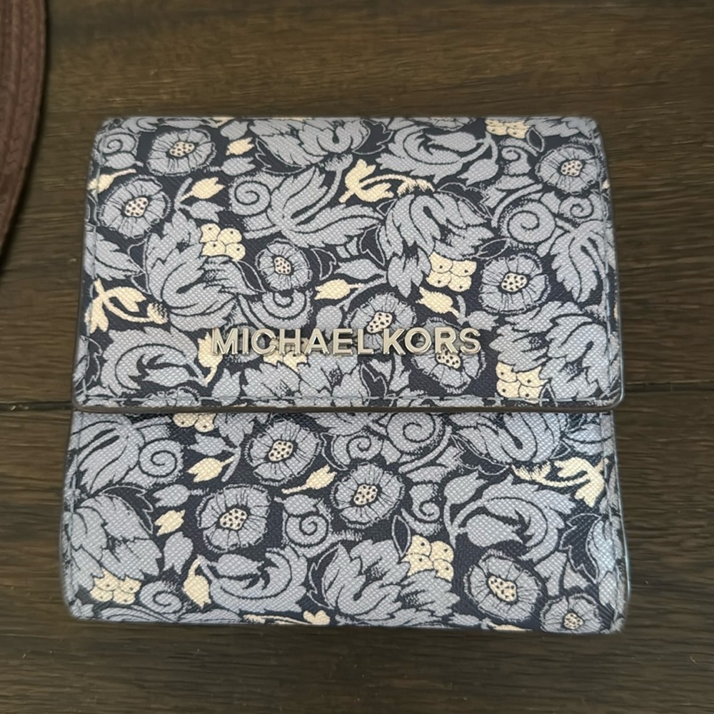 MICHAEL KORS Blue Floral Trifold Wallet